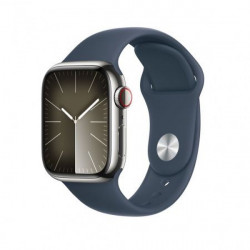 Apple Watch S9 Cellular 45mm Silver Stainless Steel Case with Storm Blue Sport Band S/M (MRMN3)